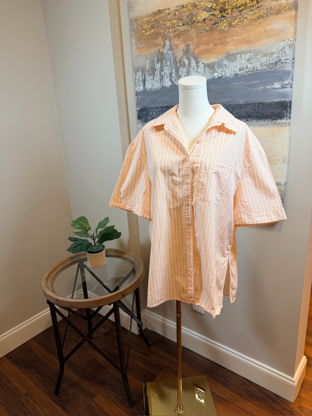 By Anthropologie Orange Striped Cotton Oversized Button Down Shirt - Picture 3 of 11